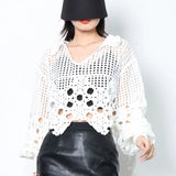 Casual Plain Shirt For Women V Neck Loose Long Sleeve Patchwork Cut Out Pullovers Female 2022 Spring Clothing