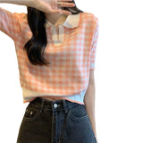 Color Polo Collar Short-Sleeved Knitwear Summer 2025 New Fashion Temperament Loose Chic Lattice Blouse Female