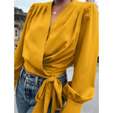 Casual Lantern Sleeve Blouses 2022 Fashion V Neck Short Wrap Shirts Celmia Elegant Bandage Pleated Street Tops