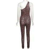 Leopard Print Mesh Skinny Jumpsuit Women One Shoulder Sleeveless Patchwork Fitness Party Activewear Basic Wild Female