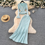 Thousand Gold Wind Senior Feeling Sister Suit Female Autumn Horn Sleeve Knitted Blouse + High-Waisted Fish Tail Half-Body