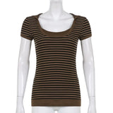 Goth Print Tops Stripe Cute Y2K T-Shirts Dark Academia Techwear Button Up V Neck Half Sleeve Sweat Shirts Grunge