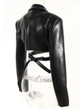 Fashion Women's Jackets Lapel Collar Slim Cross Lace Up Waist Long Sleeve PU Leather Short Coat Autumn 2023 New