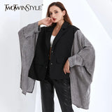 Patchwork Bat Sleeve For Female Coat Lapel Collar Long Sleeve Loose Women's Casual Coat 2020 Fashion