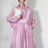 Causal Pink Fold Pleated Women's Shirt Lapel Long Sleeve Patchwork Pocket Straight Blouses Female 2022 Spring