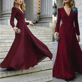 Women Sexy Formal Maxi Dress V Neck Long Sleeve Solid color Bandage Office Ladies Evening Party Prom Gown-Outfit