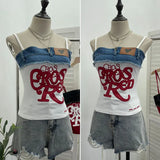 Design-Sensitive Edge Denim Spliced Letter Embroidered Sling Sling Vest T-Girls Short Top