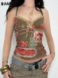 Vintage Slim Printed Lace Trim Camis Tops Sexy V-Neck Sleeveless Tank Tops Women 2024 Summer Fashion Streetwear Ladies-Outfit