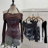 Vintage Print Shoulder Irregular Long-Sleeved T-Shirt Hanging Neck Slim Thin Short Bottom Top