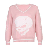 Autumn Winter Print V Neck Knitted Jumpers Casual Long Sleeve Harajuku Sweater Women Streetwear Pullover Female