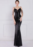 Vintage Strap Sleeveless Solid Sequined Mermaid Evening