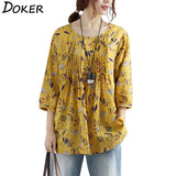 New Design Plus Size Tops For Women Linen Cotton Shirt O-neck 3/4 Sleeve Loose Casual Floral Print Blouse