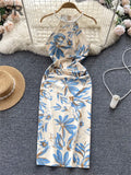 Senior Pearl Halter Ladies Dress Off Shoulder Elastic Waist Bodycon Dress 2022 Female Print Sexy Slit Long