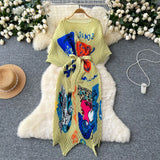 High-End Dress Women Design Feel Strapped Waist Bat Sleeve Pressure Fold Printing Irregular Dress