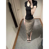 Clothes Women 2025 New Temperament Square Collar Short Sleeve Tops Thin Bag Hip Skirt Skirt Skirt Half-Body
