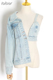 Denim Jackets For Women V Neck Long Sleeve One Off Shouder Patchwork Asymmetric Hollow Out Coats Female 2023