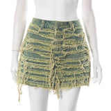 Women's Denim Skirt Do Old Solid Color Burrs Tassel Slim High Waist Short A-line Mini Skirt 2024 Summer New Fashion 29L2618-Outfit