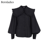 Big Peter Pan Collar Ruffle Womens Blouse Long Sleeve White Cotton Casual Tops Female 2022 Spring Summer Frill