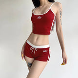 Girls' Letter Printing, Color Bag Edge, Small Sling Vest, Low-Waist Rope-Lace Shorts, Two-Piece Sports Suit-Outfit