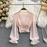 2021 Autumn Fashion Korean Women Blouse Long Sleeve V Neck Elastic Ruched Slim Tops Elegant Streetwear Short