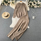 Women Drawstring Hooded Sweater Two Pieces Sets Irregular Loose Tops+Draped Wide Leg Trousers Winter OL Knit