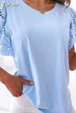 Stitching Short Sleeve T-shirts Summer O-Neck Solid Color White Hollow Out Casual T shirt Women New Splicing Tops