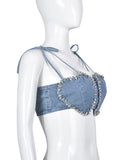 Women's Denim Short Tank Tops Strapless Diamonds Lace-up Heart Patchwork Slim Bra Camis 2024 Summer New Fashion 29L2834-Outfit