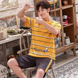 Men Pajama Sets Cotton Male Short Sleeve O-Neck Striped Pyjama Set For Man Summer Sleepwear Suit Leisure Homewear