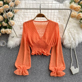 2021 Autumn Fashion Korean Women Blouse Long Sleeve V Neck Elastic Ruched Slim Tops Elegant Streetwear Short