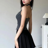 y2k Grey Sleeveless Slim Split Vest Women Bow Stitched Halter Tank Top Chic Fashion Crop Tops 90s Vintage Clothes-Outfit