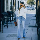 Lumbar Elastic Mid-Rise Micro-Horn Jeans Women High Waist Broad