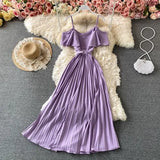 Summer Vintage Green/Beige/Purple Spaghetti Strap Pleated Long Dress Women Casual Off Shoulder Beach Party Vestidos 2021