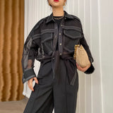 Sheer Black Shirt For Women Lapel Long Sleeve Patchwork Pockets Loose Solid Blouses Female Spring Clothes Style