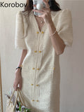 French Temperament Commute V Neck Raw Fringe Weave Small Fragrance Short Sleeve Dresses for Women Vestido De