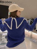 Navy Collar Korean Fashion Cute Knitted Tops Autumn Winter New Pocket Pull Femme Love Sweater Female Sueters De