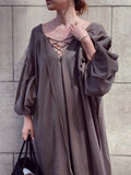 Spring Summer New Women's Dress Fashion V-Neck Belt Solid Color Bubble Sleeve Fold Loose Leisure Women's Dress Long