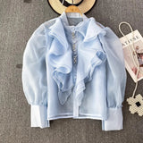 Court Style Super Fairy Collar Layer Lotus Edge Eugen Yarn Perspective Single Buckle Shirt Female Gas