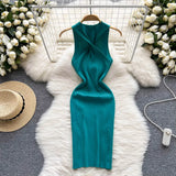 Backless Sexy Women Knitted Dress Summer 2022 Korean Style O Neck Slim Solid Sleeveless Ladies A Line Midi