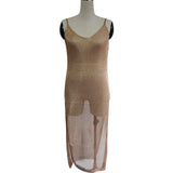 Sexy Summer Sunscreen Sheer Mesh Bikini Solid Color Backless High Slit Cover Up Metallic Beach Club Party Sleeveless