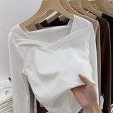 Velvet Bottomed Blouse Women's Autumn And Winter New Design Sense Minority Square Collar Irregular Sanding Western Style Slimming Blouse-Outfit