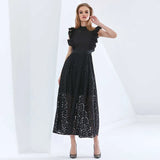 Embroidered Ruffle Trim Dress For Women Stand Collar Sleeveless High Waist Black Dresses Female Fashion New
