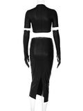 Summer Sexy Solid Faux Leather Crop Top And Long Skirt Sets Club Outfit For Women 2023 Black PU 2 Two Piece Sets