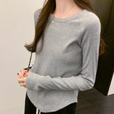 New Autumn And Winter T-Shirt With A Round Collar And Long Sleeves. A Short Ins Blouse With A Curved Hem.-Outfit
