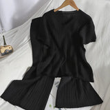 Korean OL V Neck Short Sleeve Knitted Pullovers and Solid High Waist Wide Leg Pants 2 Pieces Sets