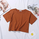 Summer Short Sleeve T Shirts Women Cotton Solid T-shirt O Neck High Waist Crop Top Tee Female Casual Loose T Shirt-Outfit