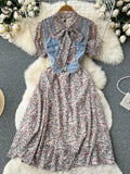 Female Patchwork Denim Dress Waist Sheath Ruff Sleeve Autumn Dress Women Fashion French Hepburn Long Floral