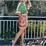 New Women's Collar Single Row Buckle Long-Sleeved Temperamental Print Dress Dress