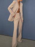 Solid Three Piece Set Womens V Neck Sleeveless Vest Notched Long Sleeve Blazer High Waist Wide Leg Pant Female
