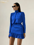 Bodycon Blue Satin Dresses For Women Fashion Turtleneck Long Sleeve Mini Dress Elegant High Waist Ruched Female