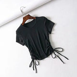 Side Drawstring Tie Up Ruched Tank Tops Women Solid Color Slim Crop Top Ladies Streetwear Ribbed Knitted Tees
